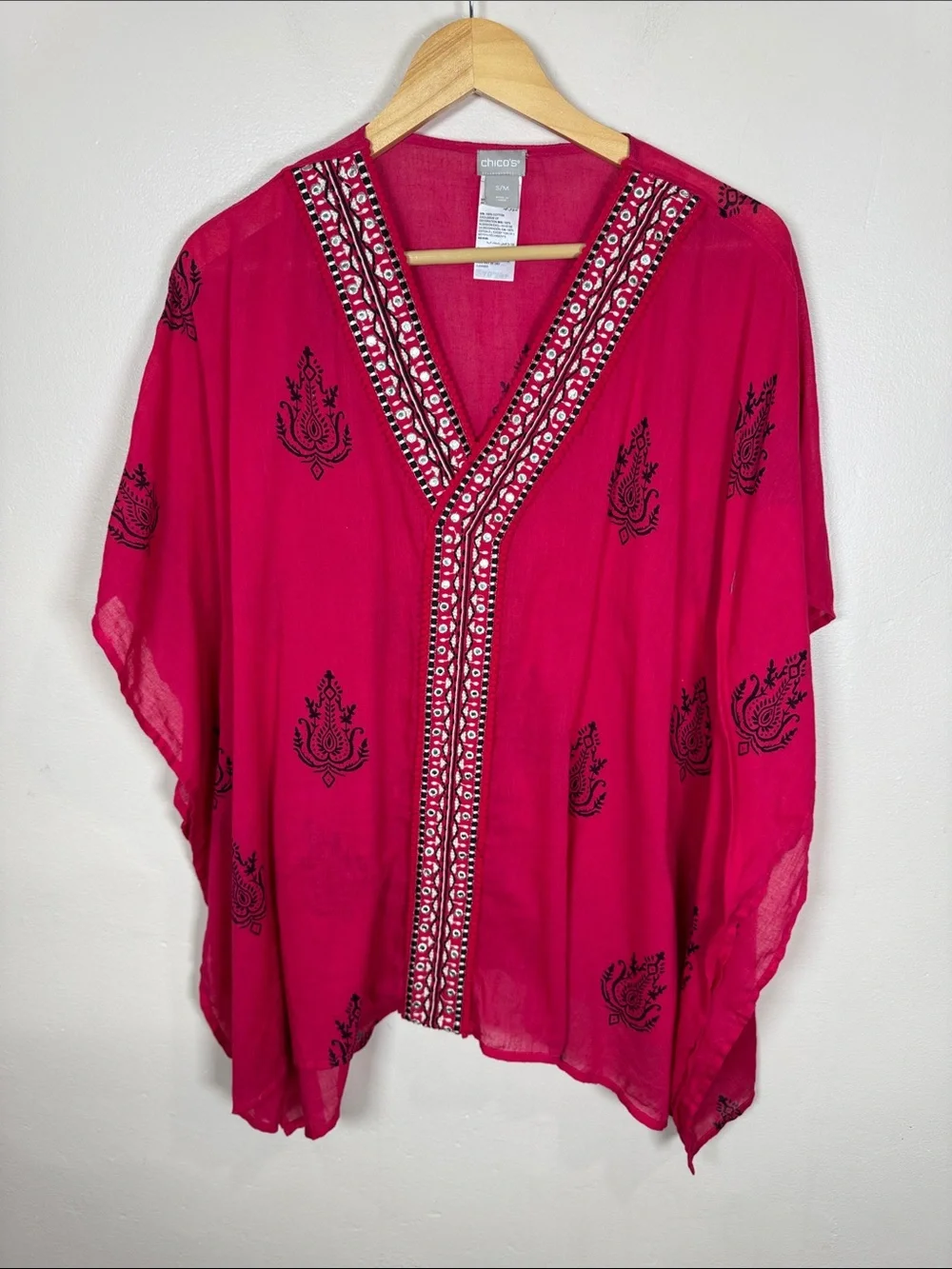 Chicos Womens Embroidered Tunic Top Boho Beach Vacation Tropical 100% Cotton